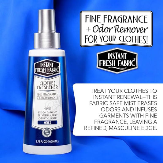 Premium CLOTHES FRESHENER for Men Fabric Spray Keeps Clothes Fresh, Odor Remover Fabric Refresher Spray Extends Garment Life, Linen Spray for Bedding Eco-Friendly, 6.76 oz – INSTANT FRESH FABRIC