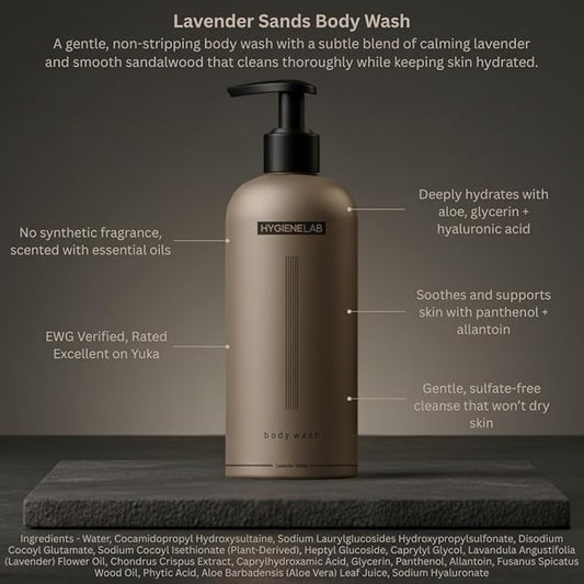 HygieneLab Mens Natural Body Wash - Ultra Hydrating, EWG Verified Clean Formula, Lavender Sands Scent, Sulfate-Free, Paraben-Free, Phthalates-Free, Gentle & Effective for Healthy Skin (16.9 oz)
