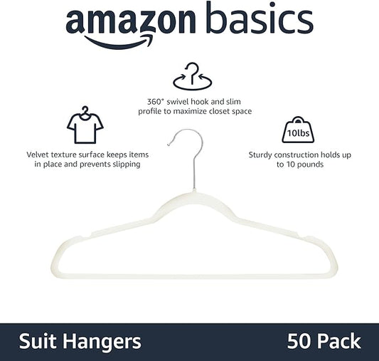 Amazon Basics Slim, Velvet, Non-Slip Sturdy Clothes Hangers, 50-Pack, Ivory/Silver