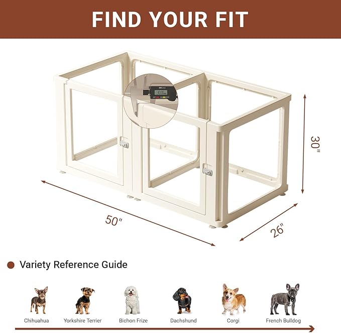 Transparent 7-Panel Dog Playpen, Acrylic Indoor/Outdoor Puppy Pen for Small & Medium Dogs, 30 Inch with Door, White(Fully Transparent 50 * 26 Two Rooms,30 inch)