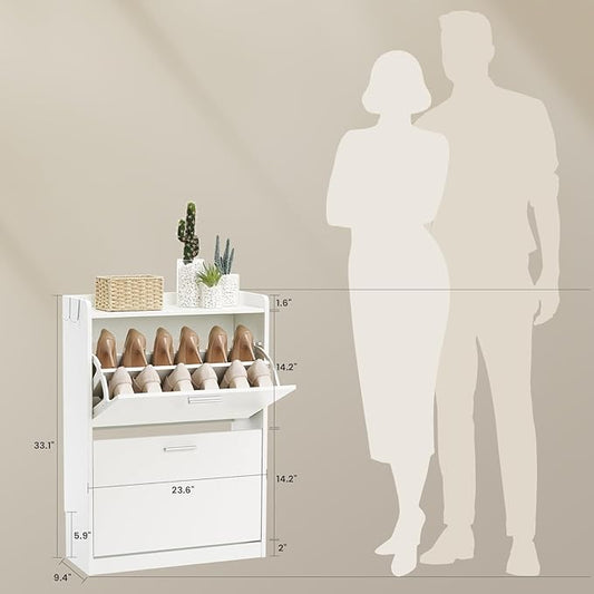 Shoe Cabinet Organizer with 2 Flip Drawers & 2-Tier Adjustable Shelves, Freestanding Shoe Rack Cabinet, Narrow Shoe Storage for Entryway, Foyer, Hallway, White, 23.6" W × 9.4" D × 33.1" H