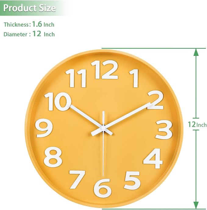 45MinST 12-Inch Modern Yellow Indoor/Outdoor Wall Clock, Silent Non-Ticking, Large Numbers, Accurate Timekeeping, Perfect Decorative Accent for Home or Office (Yellow)