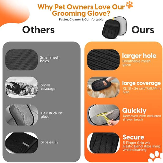 2 Pack Electrostatic Pet Hair Remover Glove with Cleaning Brush for Cats & Dogs, 2025 Upgraded Reusable 5-Finger Grooming Gloves – Magic Brush Tool for Furniture, Couch, Carpet, Car & Clothing (Black)