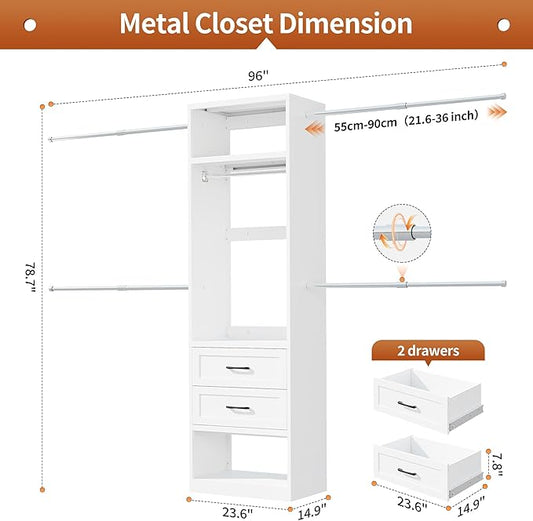 78.7" H Metal Closet System with 2 Drawers, 4.6-7.8 FT Closet Organizer with 5 Hanging Rods, Walk In Closet Organizer System, Built-in Wardrobe Clothes Rack