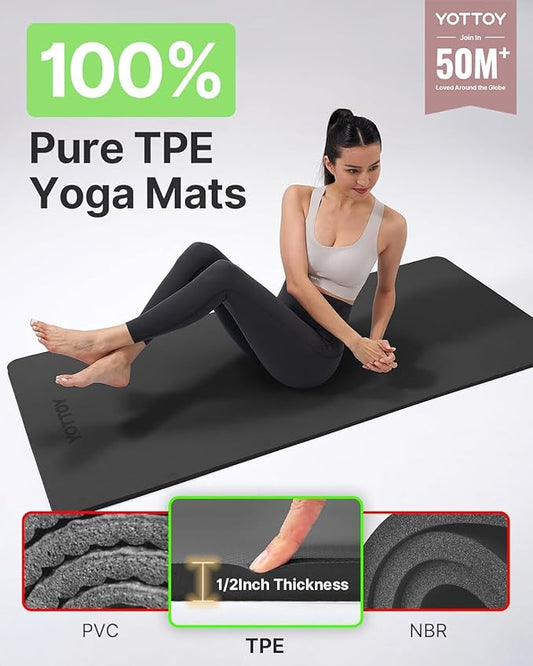 YOTTOY Yoga Mat,Extra Thick Yoga Mat (1/2inch),Professional TPE Exercise Mat,Non-Slip Workout Mat for Yoga, Pilates, Fitness, Barefoot Workouts, Home Gym Studio with Strap