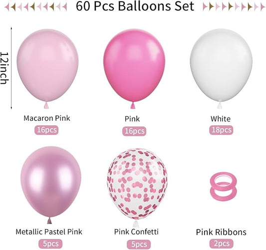 FunHot Funhot Pink Balloons, 60Pcs Pastel Pink Pearl White Latex Balloons, 12 Inch Metallic Pink Confetti Balloons Helium for Girls Princess Birthday Baby Shower Wedding Party Decorations