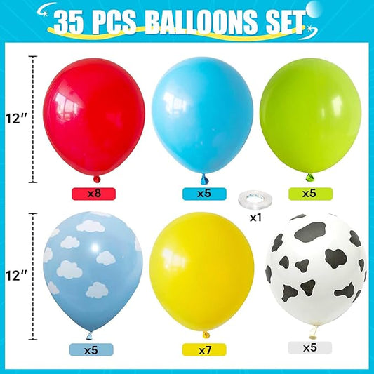 Toy Inspired Story Balloons, 12 Inch Cow Print Sky Blue Cloud Balloons Red Blue Yellow Green Balloons for Kids Boys Birthday Party Farm Themed Party Decorations