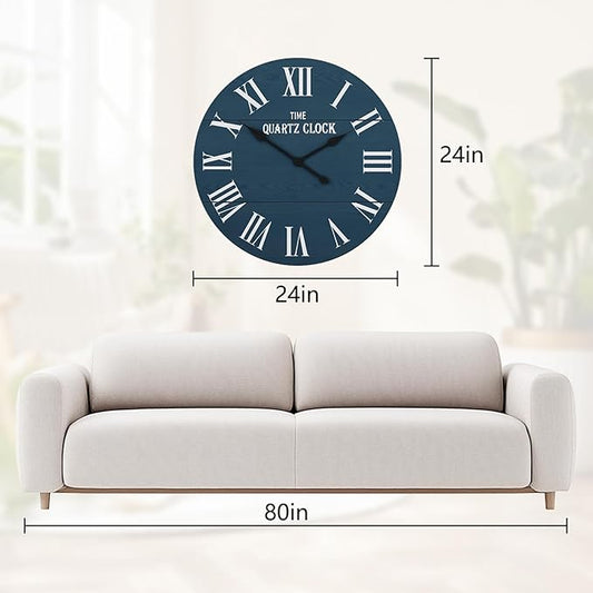 ARTPOWER Large Farmhouse Wall Clock, 24” Shiplap Wall Clock with Roman Numeral, Nearly Non-Ticking, Round Wall Clocks for Living Room Decor, Office, Bedroom, Entrance, Blue