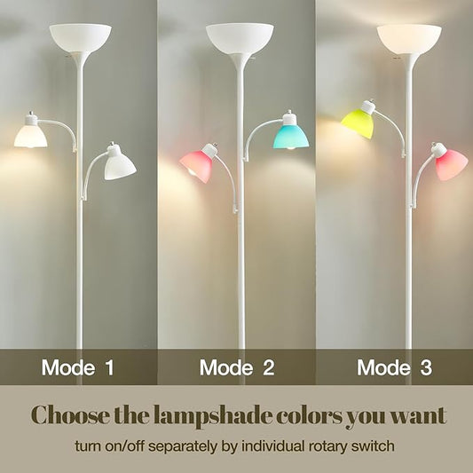 Luvkczc White Floor Lamp, 72" Tall Standing Floor Lamp with 5 Replace Lampshades, Torchiere Lamps with 8W Adjustable Reading Lights, Floor Lamps for Living Room, Bedroom, Office, Bulbs Included