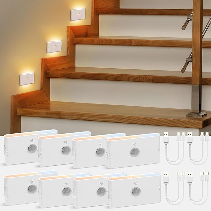 wowatt Rechargeable Motion Sensor Stair Light, Whtie Automatic Lights with Magnetic Mount, Dimmable Step Lights Indoor for Stairway, Hallway, Kitchen, Bathroom(8 Packs)