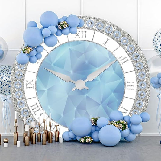 7.2x7.2ft Crystal Blue Clock Round Backdrop Cover Luxury Silver Blue Clock Circle Backdrop Background Girls Kids Newborn Baby Shower Women Birthday Party Decorations Congrats Grad Studio Props