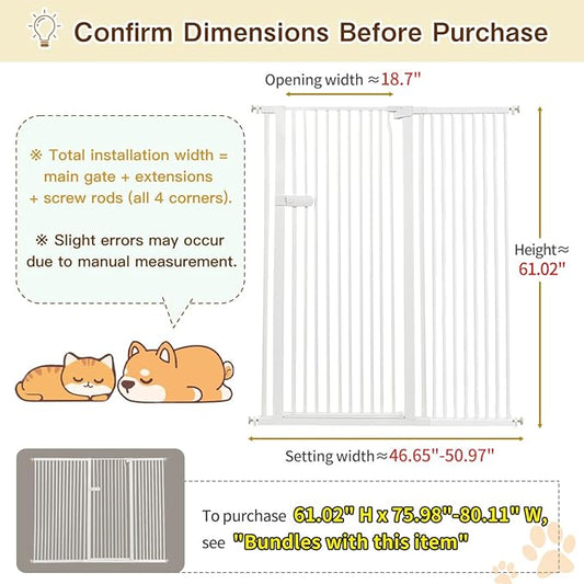 Lumizone Extra Tall Cat Gate 61.02" High Pressure Mounted Extra Wide 2025 New (17 Sizes) 1.37" Gap No Drilling Auto-Close One-Handed Operation Tall Pet Gate for Dogs(White, 61.02" H x 46.65"-50.97" W)