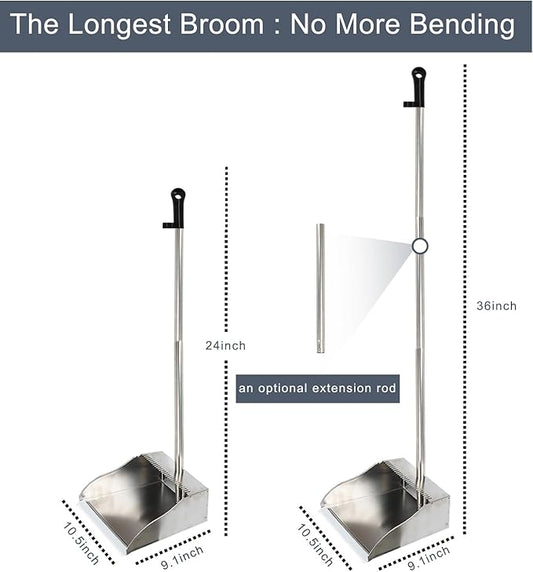 Metal Dustpan Long Handle Stainless Steel Dustpan,Heavy Duty Standing Dust Pan with Teeth, Indoor Outdoor Up for Home Kitchen Lobby Room Office