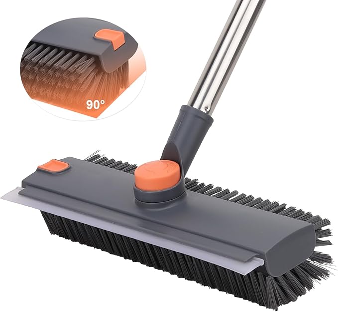 Floor Scrub Brush with 64" Long Handle - 360° Swivel Heads Household Push Brush with Squeegee and Right Angled Bristle for Cleaning Concrete Floors Grout Gardens Patio Deck Concrete Garage Heavy Duty