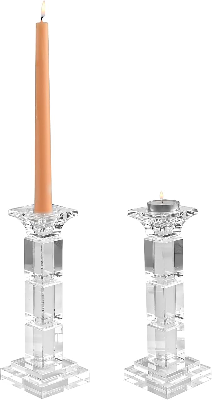 Kitcom Crystal Candle Stick Holders for Home Decor Pack of 2, Clear Crystal Taper/Tealight Candle Holder Table Centerpieces for Party and Wedding Decoration(8.6inch Tall)