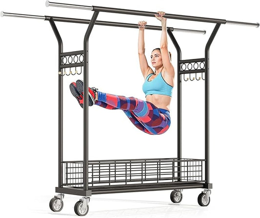 Heavy Duty Clothes Rack - Double Rod Clothing Racks for Hanging Clothes, Portable & Adjustable Garment Rack with Wheels, Rolling Clothes Rack Load 670LBS for Bedrooms, Laundry, Closet (Black)