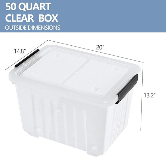 Zopnny 50 Qt Stackable Plastic Storage Bins with Lids, 4 Pack - BPA-Free, See-Through Organizing Solution, Latches, Wheels, Durable Nestable Containers, Clear