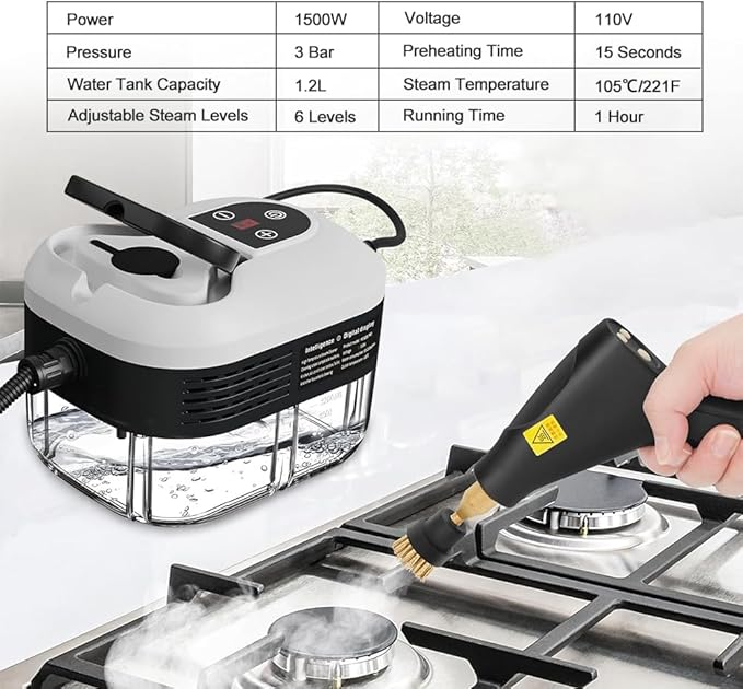 Steam Cleaner, 6-Levels Adjustable Switch Handle, 15s Heat-Up, 1.2L Tank, Steamer for Cleaning with 8 Pcs Accessories, Steam Cleaner for Home for Dirt, Grease, Grout, Tile,Floor,Couch and Car Black