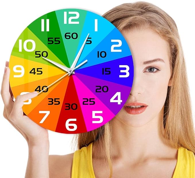 15 Inch Rainbow Color Wheel Telling Time Teaching Clock, Learn to Tell Time Educational Wall Clock Silent Non Ticking Battery Operated for School Classroom Kids Students Back to School Gifts