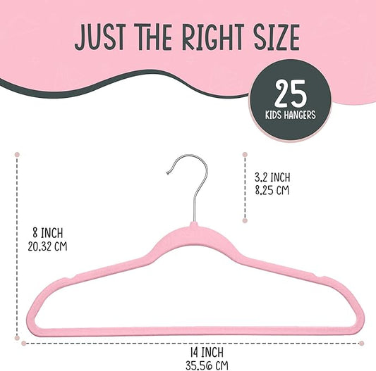 25 Premium Kids Velvet Hangers - 14" Non-Slip Clothes Hangers for Kids & Preteens - Ultra Slim, Space-Saving, Strong & Durable Hangers with 360° Swivel Hook - Pink