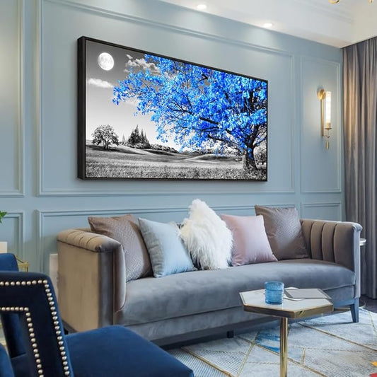 Wapluam Black Framed Wall Art For Living Room Black and White Large Wall Decor For Bedroom Blue Tree Landscape Abstract Painting Office Wall Decoration Picture Modern Canvas Prints Home Wall Decor