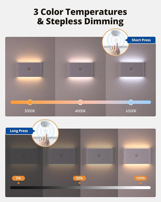 wowatt Rechargeable Motion Sensor Night Light, White Automatic Lights with Magnetic Mount, Dimmable Stair Lights Indoor for Stairway, Hallway, Kitchen, Bathroom(3 Packs)