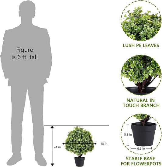 THE BLOOM TIMES 2ft Faux Boxwood Plants Outdoor Set of 2, 24" UV-Resistant Artificial Evergreen Topiary Ball, Fake Potted Greenery Shrubs & Bushes for Front Porch Planter, Patio Outside Decor