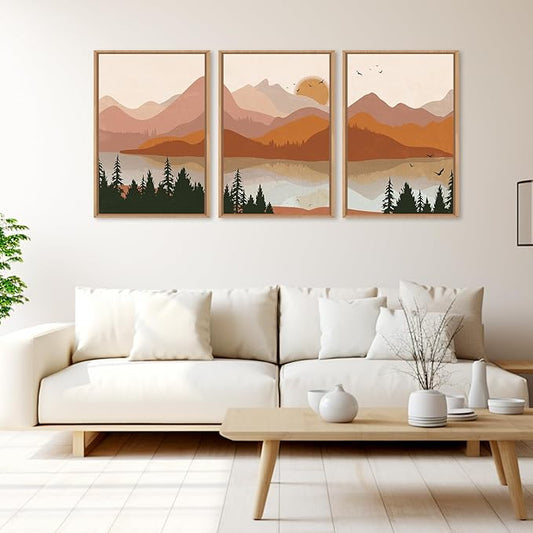 HLNIUC Burnt Orange Wall Decor, Boho Mountain 16x24 Wall Art Framed Large, Southwest Terracotta Nature Art Canvas Painting, Mid Century Modern Rustic Sunset Prints for Living Room, Bedroom, Office