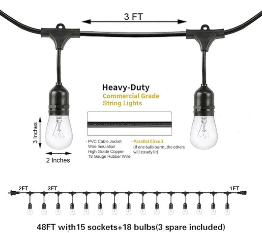 SUNTHIN Outdoor String Lights, 8 Pack 48FT Edison String Lights Commercial Grade with 11W Dimmable Bulbs for Patio, Garden, Backyard, Deck, Porch, Bistro, Cafe
