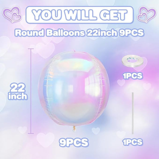 Iridescent Balloons 9 pcs,Iridescent Birthday Decorations Giant 4D Round Balloons 22 Inch for Wedding Baby Shower Holographic Party Decor