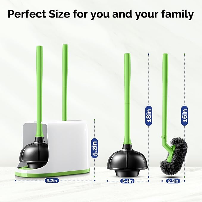 HAMITOR Toilet Plunger Bowl Brush Combo:Heavy Duty Rubber for Drain Clog Remover - Curved Design Bristles for Deep Cleaning Under Rim - Compact Bathroom Cleaning Tools for New Homet Essentials-Green