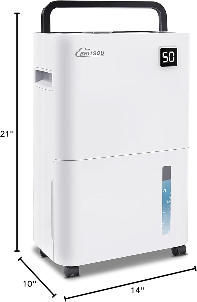 Britsou 50 Pints Dehumidifier for Basement with Drain Hose - Quiet Smart Operation with 3 Modes, 24HR Timer - Ideal for Home Bedroom, Bathroom, Small to Large Rooms