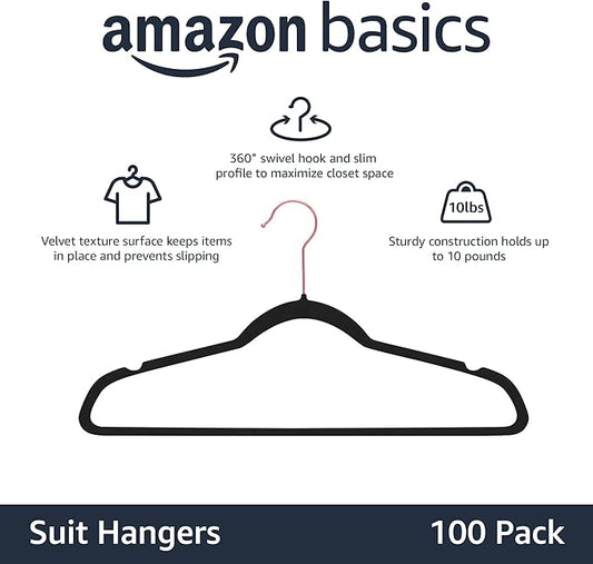 Amazon Basics Slim, Velvet, Non-Slip Suit Clothes Hangers, Black/Rose Gold - Pack of 100