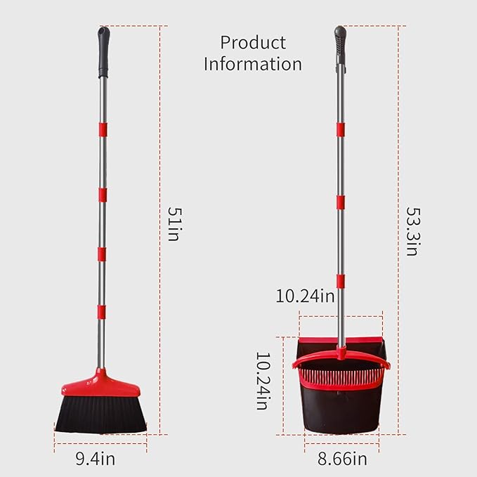 Broom and Dustpan Set (54") Long Handle Home Cleans Collapsible Broom with Dustpan Combo for Sweeping Dorm Classroom Lobby Kitchen Office (Black and Red)
