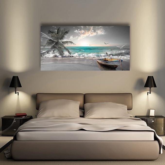 Beach Sea Wave Pictures Canvas Wall Art For Living Room Bedroom Wall Decor,Sea Wave Wall Art Print Paitnings For Home Decor,Morden Artwork Palm Boat Canvas Art Waterproof Ready To Hang-28x57 Inches