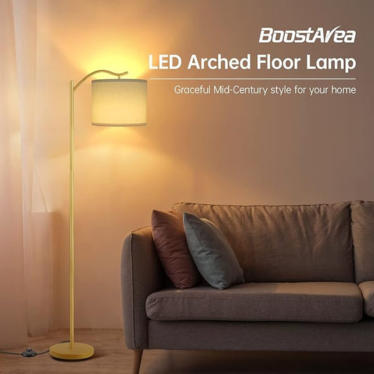 BoostArea Floor Lamp for Living Room,LED Arched Standing Lamp,Tall Modern Standing Lamp with Linen Shade,E26 Socket,Footswitch,Mid Century Gold Floor Lamps for Bedrooms,Office,Double-Layer lampshade