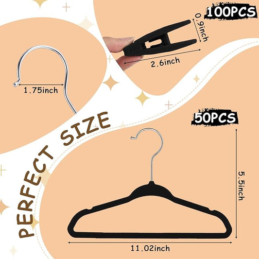 Soaoo 50 Pcs Baby Velvet Non-Slip Hangers with Clips,100 Clips for Pants & Skirts, Space-Saving Kids Children Clothes Hangers for Nursery Closet Organization(Black)