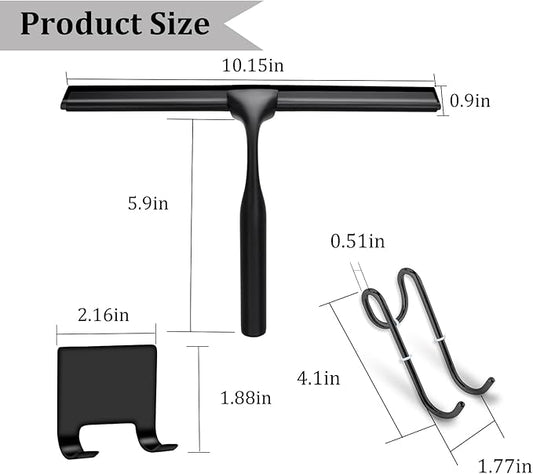 10-Inch Shower Squeegee for Glass Doors, Stainless Steel Shower Squeegee with Shower Door Hook & Adhesive Hook, Multi-Purpose Bathroom Squeegee for Glass, Door, Mirror and Window (Black)