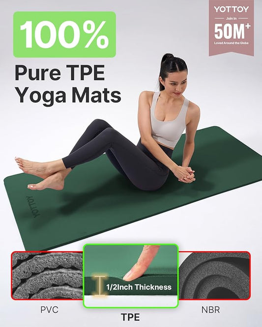 YOTTOY Yoga Mat,Extra Thick Yoga Mat (1/2inch),Professional TPE Exercise Mat,Non-Slip Workout Mat for Yoga, Pilates, Fitness, Barefoot Workouts, Home Gym Studio with Strap