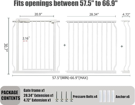 Extra Wide Baby Gate - 62-67 Inch Tension Mounted Safety Child & Pet Gate - White Metal - Walk Through - Long - for House Doorways & Stairs