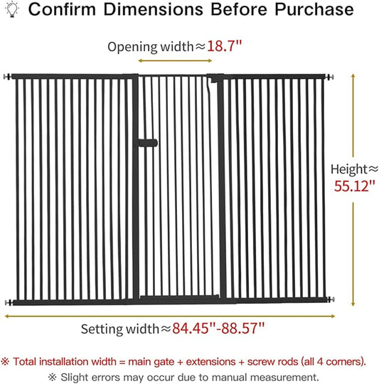 Lumizone Extra Tall Cat Gate 55.12" High Pressure Mounted Extra Wide 2025 New (17 Sizes) 1.37" Gap No Drilling Auto-Close One-Handed Operation Tall Pet Gate for Dogs(Black, 55.12" H x 84.45"-88.57" W)