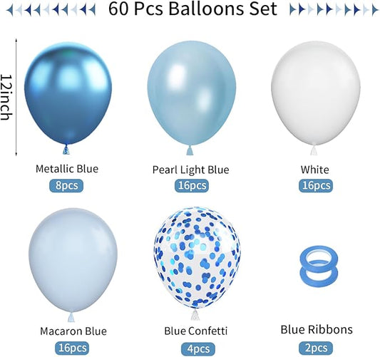 60pcs Blue & White Balloons - 12in Metallic Blue Pearl Confetti Latex - Boys Birthday, Baby Shower, Wedding Decorations