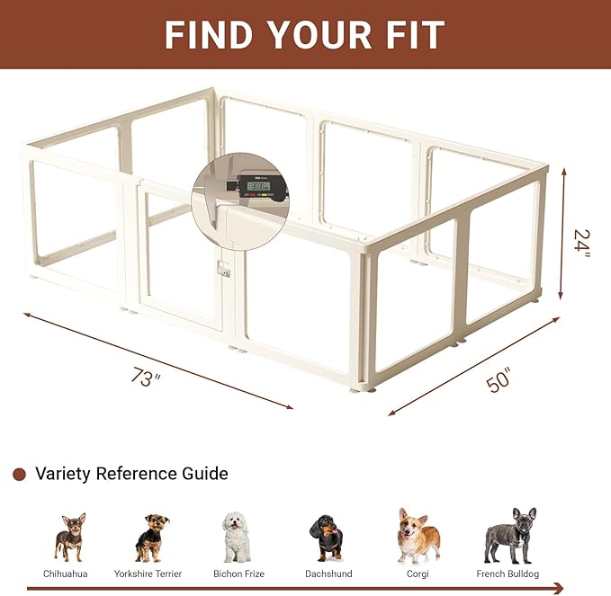 Transparent 10-Panel Dog Playpen, Acrylic Indoor/Outdoor Puppy Pen for Small & Medium Dogs, 24 Inch with Door, White(Fully Transparent 74 * 50 Single Room,24 inch)