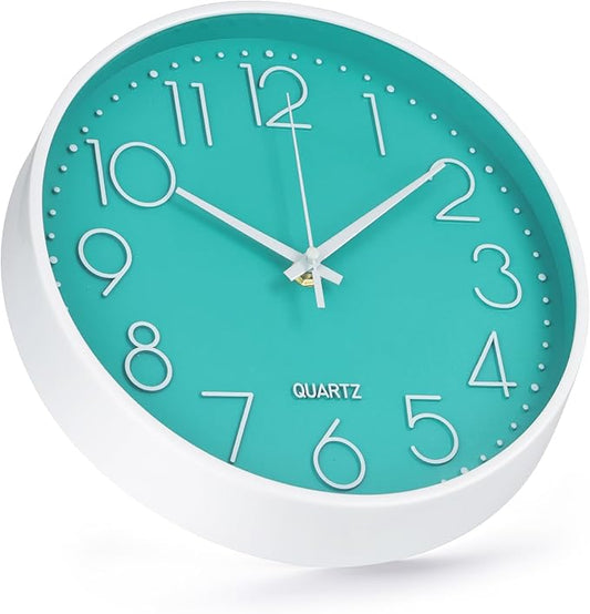 Wall Clock 10 Inch Non-Ticking Silent Modern Simple Style Round Decor Clock Turquoise Stereoscopic Dial Quartz Wall Clocks for Home/Office/School/Living Room/Bedroom/Kitchen