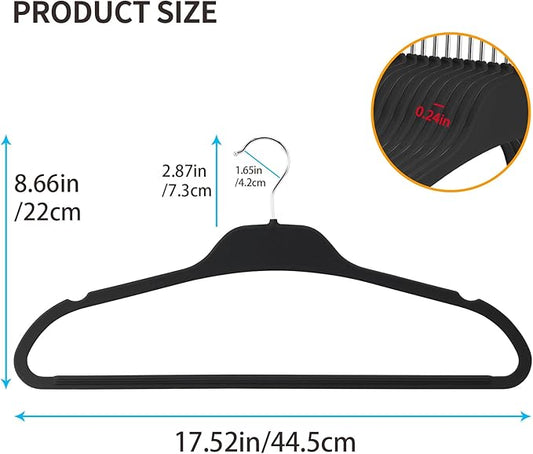 Non-Slip Rubber Coated Hangers, 30 Pack Plastic Clothes Hangers with 360° Swivel Hook 17.7 Inches Slim Space Saving Hangers for Adult Clothes Shirts Dresses Pants, Black