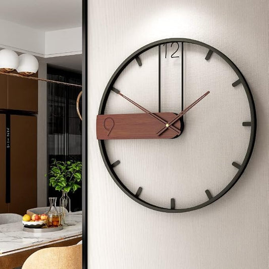 Large Wall Clock for Living Room Decor, Modern Walnut Dial Metal Frame Wall Decor Silent Non Ticking Clocks for Bedroom, Study, Office Decorations, Gift idea, 23.6"''