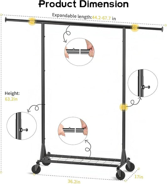 Clothing Garment Rack Capacity 550LBS Rolling Clothes Rack on Wheels - Heavy Duty Collapsible Commercial Storage Organizer - Mobile Clothes Rack with Multifunctional Design (Black)
