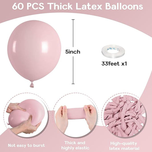 5 Inch Pink Balloons, 60 Pcs Boho Blush Pink Party Balloon Small Dusty Rose Nude Pink Balloons 5'' Mini Retro Vintage Pink Latex Helium Balloon for Girl Baby Shower Wedding Birthday Party Decor