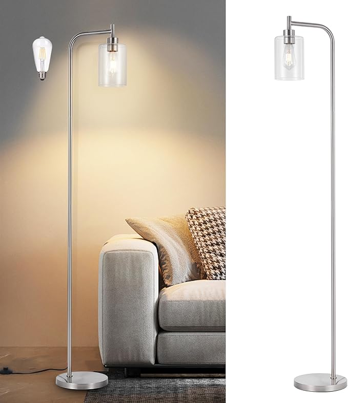 DLLT Floor Lamp Tall for Room: Nickel Standing Lamp with Clear Glass Lampshade for Living Room - Modern Bright Lamp for Bedroom - Industrial Corner Floor Lamps for Office 8W Led Bulb Included