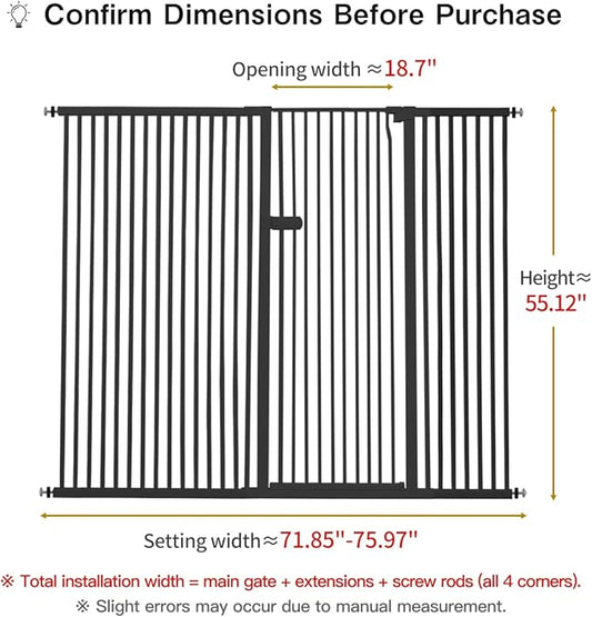 Lumizone Extra Tall Cat Gate 55.12" High Pressure Mounted Extra Wide 2025 New (17 Sizes) 1.37" Gap No Drilling Auto-Close One-Handed Operation Tall Pet Gate for Dogs(Black, 55.12" H x 71.85"-75.97" W)